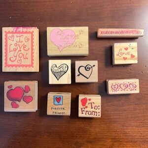 WOOD MOUNTED RUBBER STAMP HEART LOVE COLLECTION 10 TOTAL STAMPS